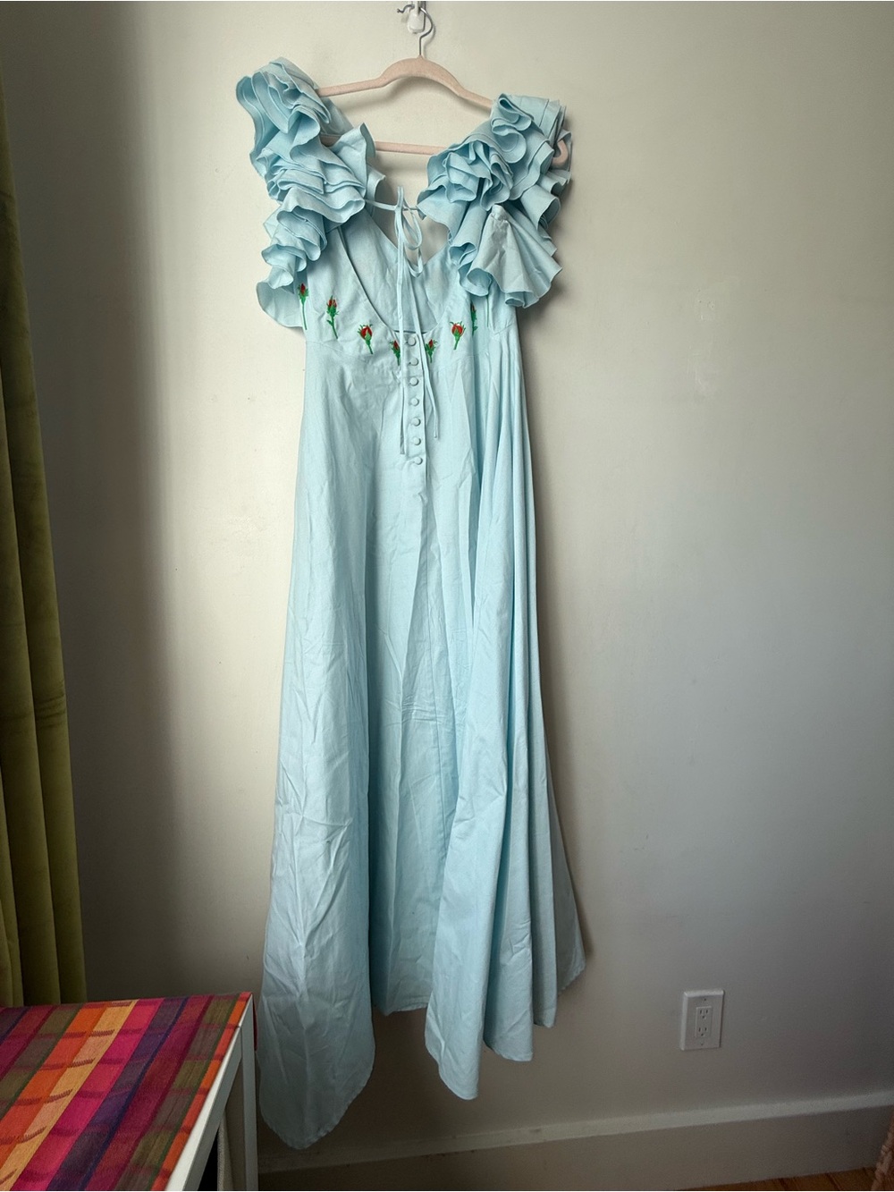Fanm Mon Demre Kajou Collection Light Blue Floral Embroidered Ruffle Dress S NWT - Picture 5 of 8